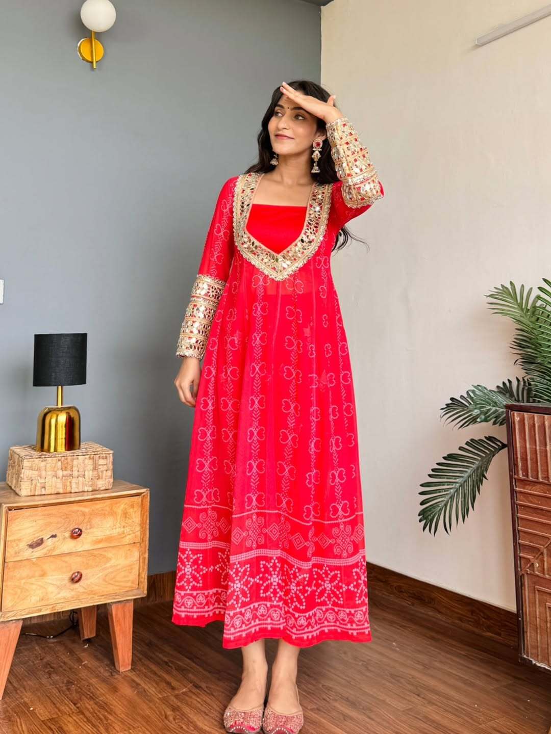 Red radiance georgette kurti set with mirror work 3 piece festive wear
