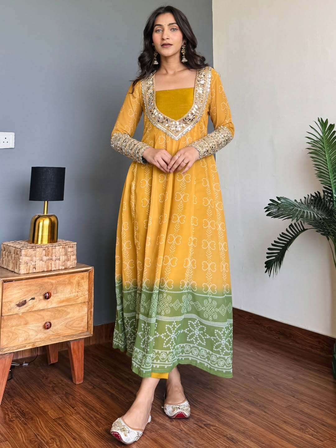 Mustard yellow green faux georgette kurti set with mirror work 3 piece festive wear mameraa