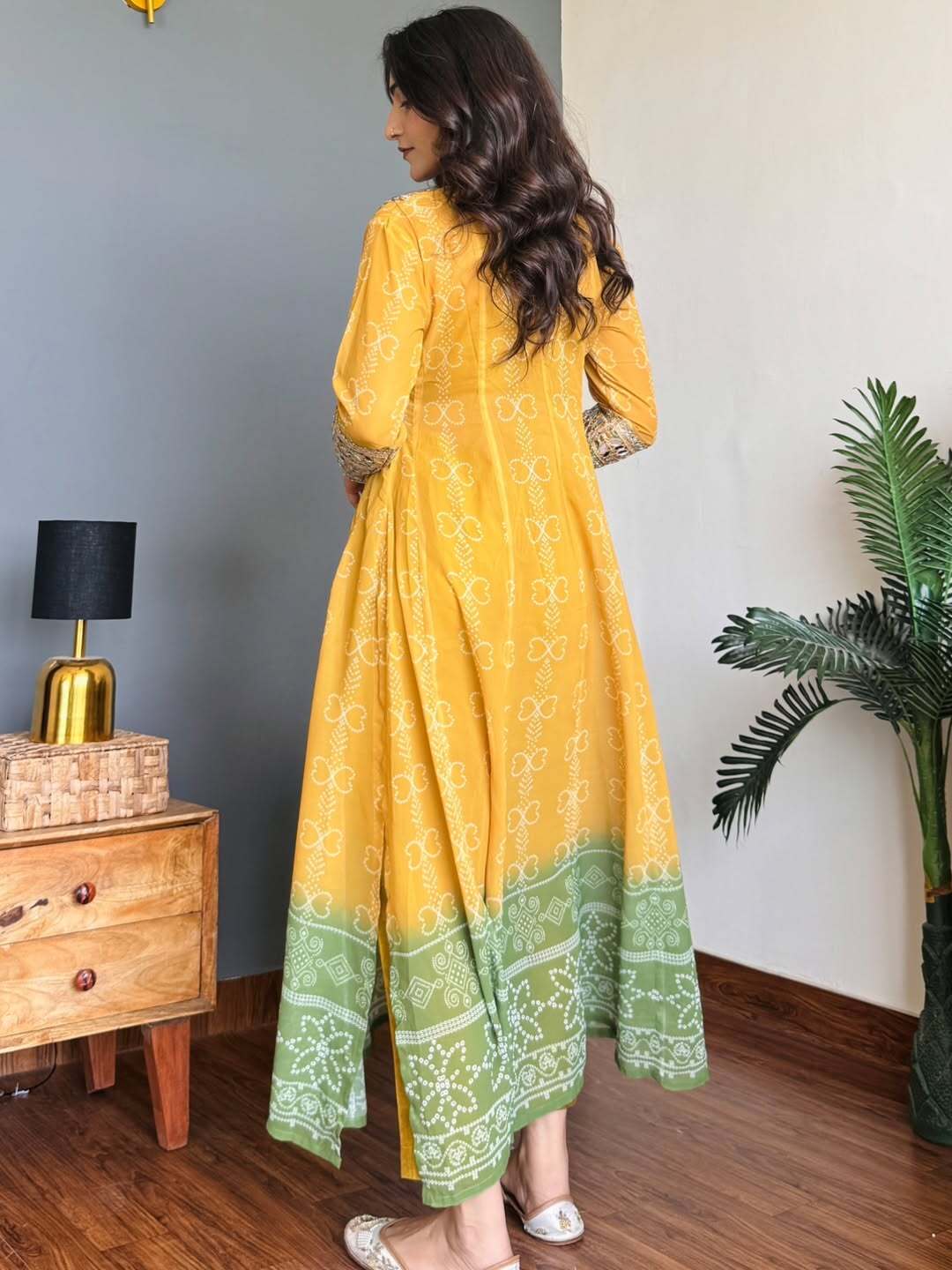 Mustard yellow green faux georgette kurti set with mirror work 3 piece festive wear
