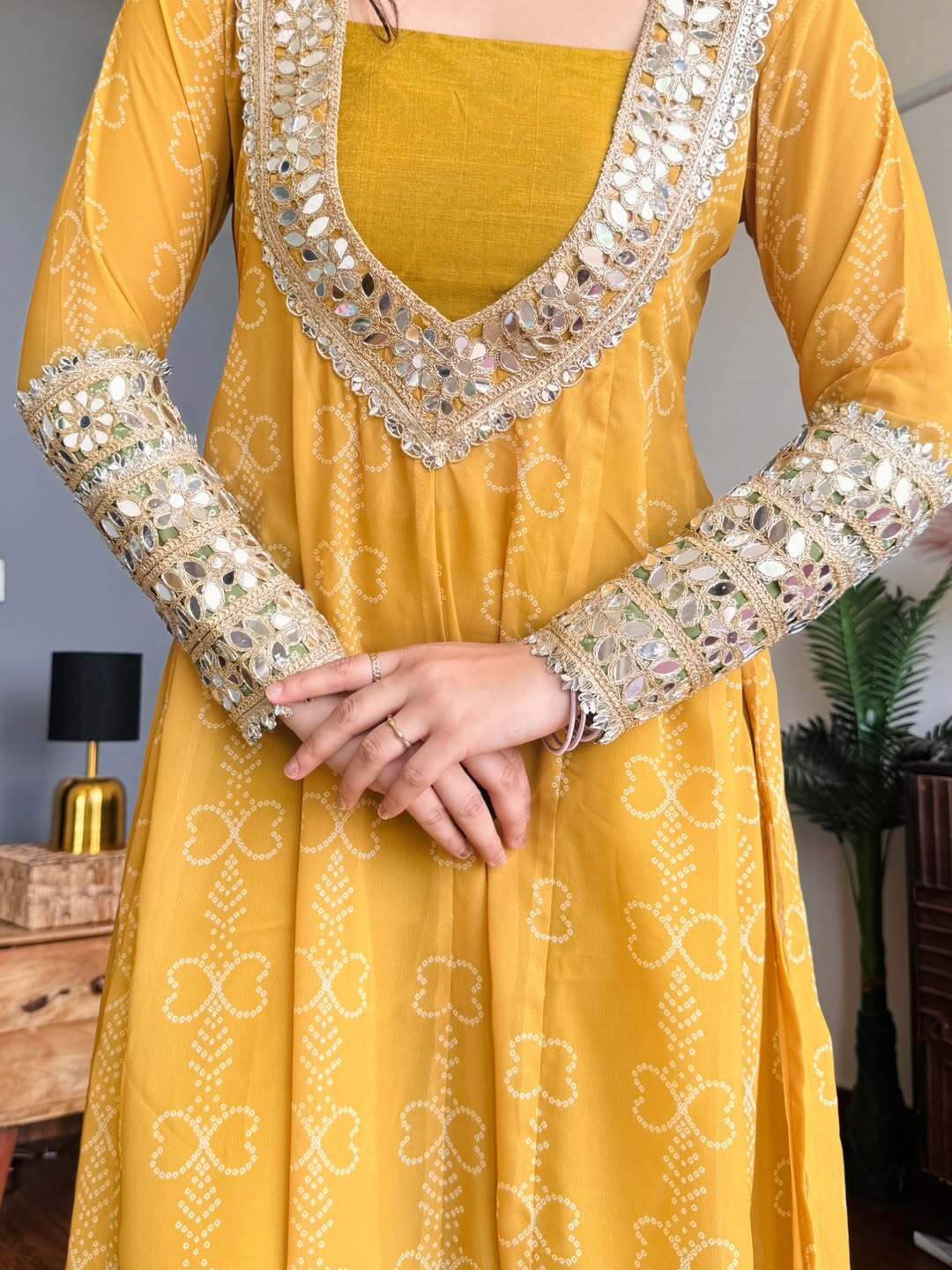 Mustard yellow green faux georgette kurti set with mirror work 3 piece festive wear