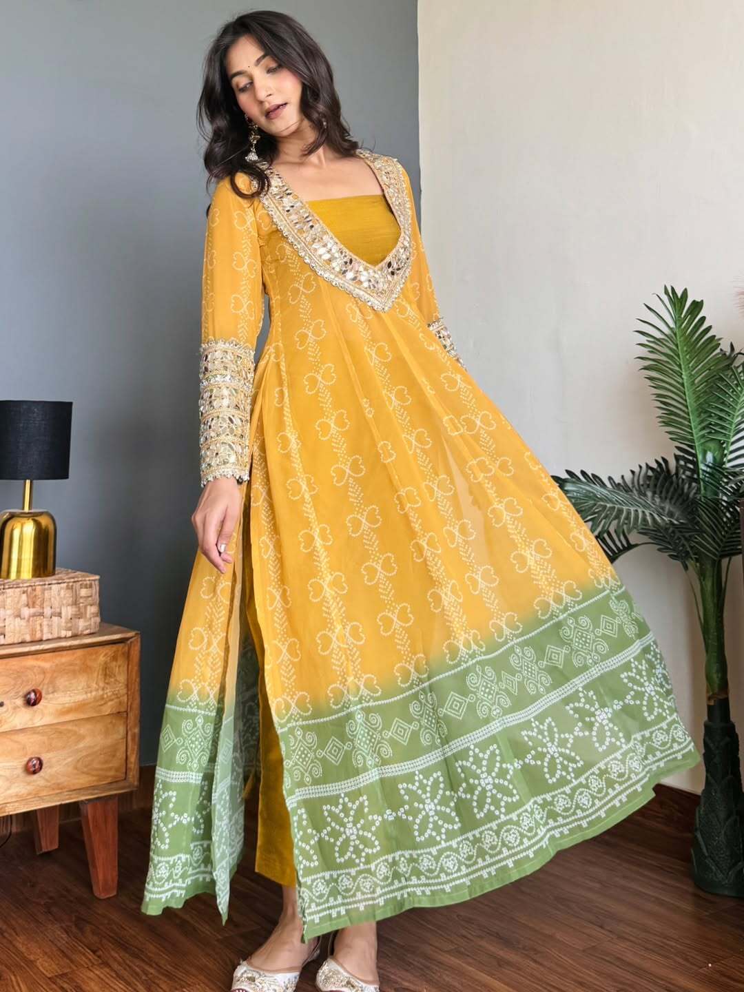 Mustard yellow green faux georgette kurti set with mirror work 3 piece festive wear