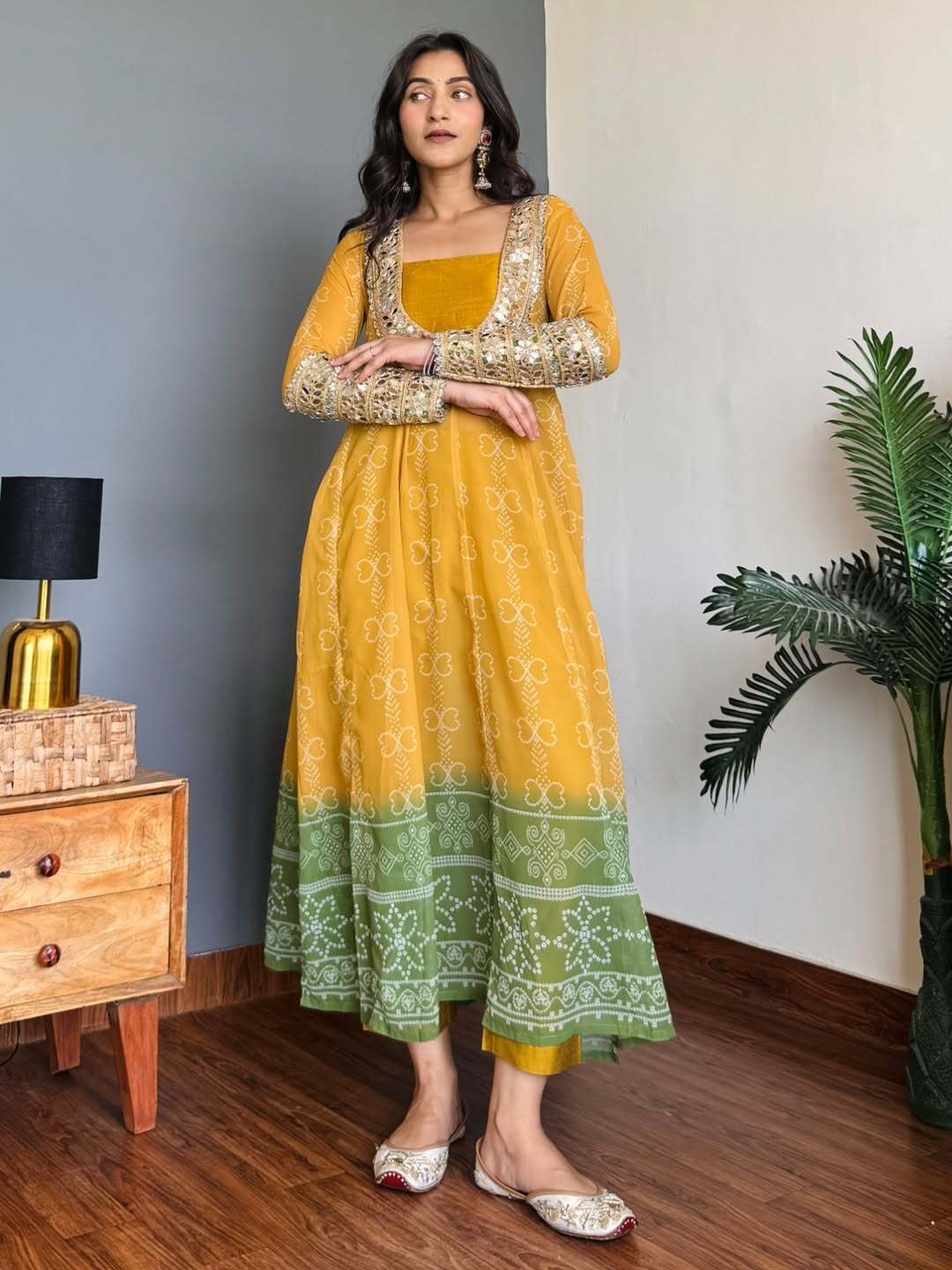 Mustard yellow green faux georgette kurti set with mirror work 3 piece festive wear