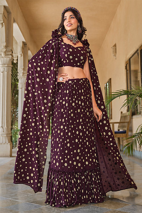 Shop Now Crush Pattern Metallic Foil Ready to Wear Lehenga Choli