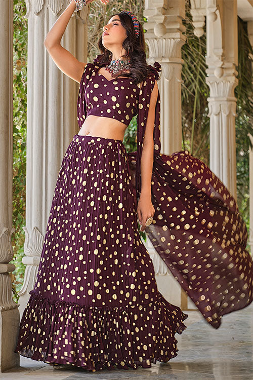 Shop Now Crush Pattern Metallic Foil Ready to Wear Lehenga Choli