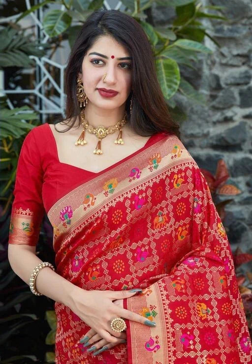 Impressive Red Soft Banarasi Silk Saree With Redolent Blouse Piece