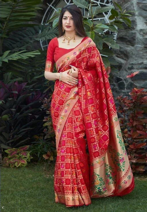 Impressive Red Soft Banarasi Silk Saree With Redolent Blouse Piece