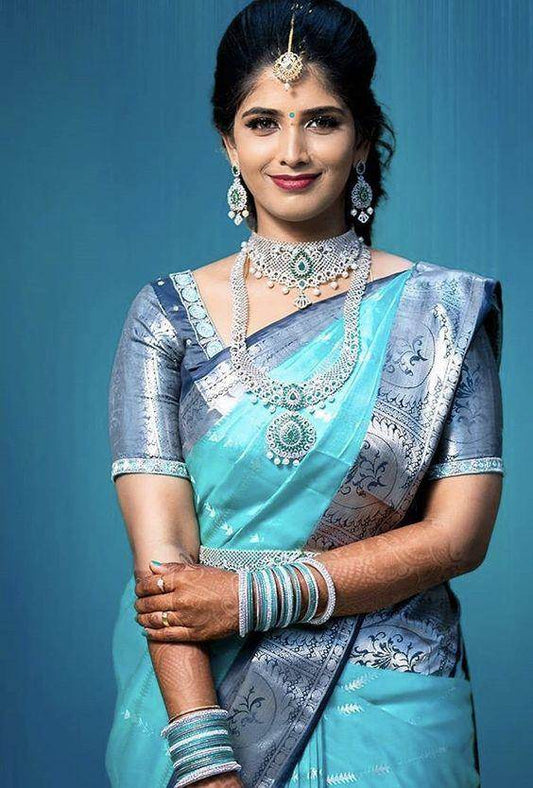 Marvellous Firozi Soft Banarasi Silk Saree With Unique Blouse Piece