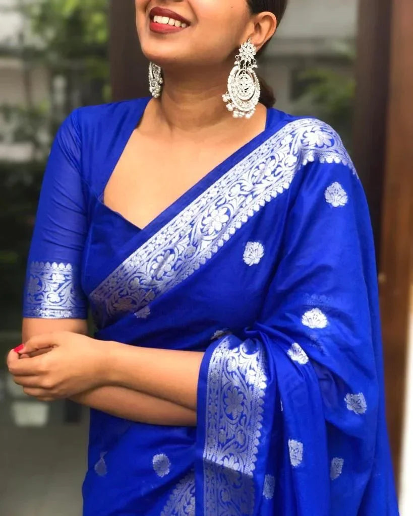 Intricate Royal Blue Soft Silk Saree With Incomparable Blouse Piece