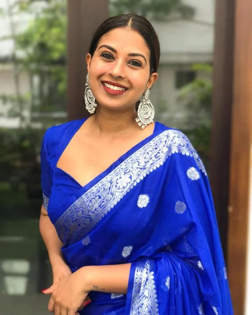 Intricate Royal Blue Soft Silk Saree With Incomparable Blouse Piece