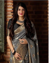 Fugacious Grey Banarasi Silk Saree With Panoply Blouse Piece