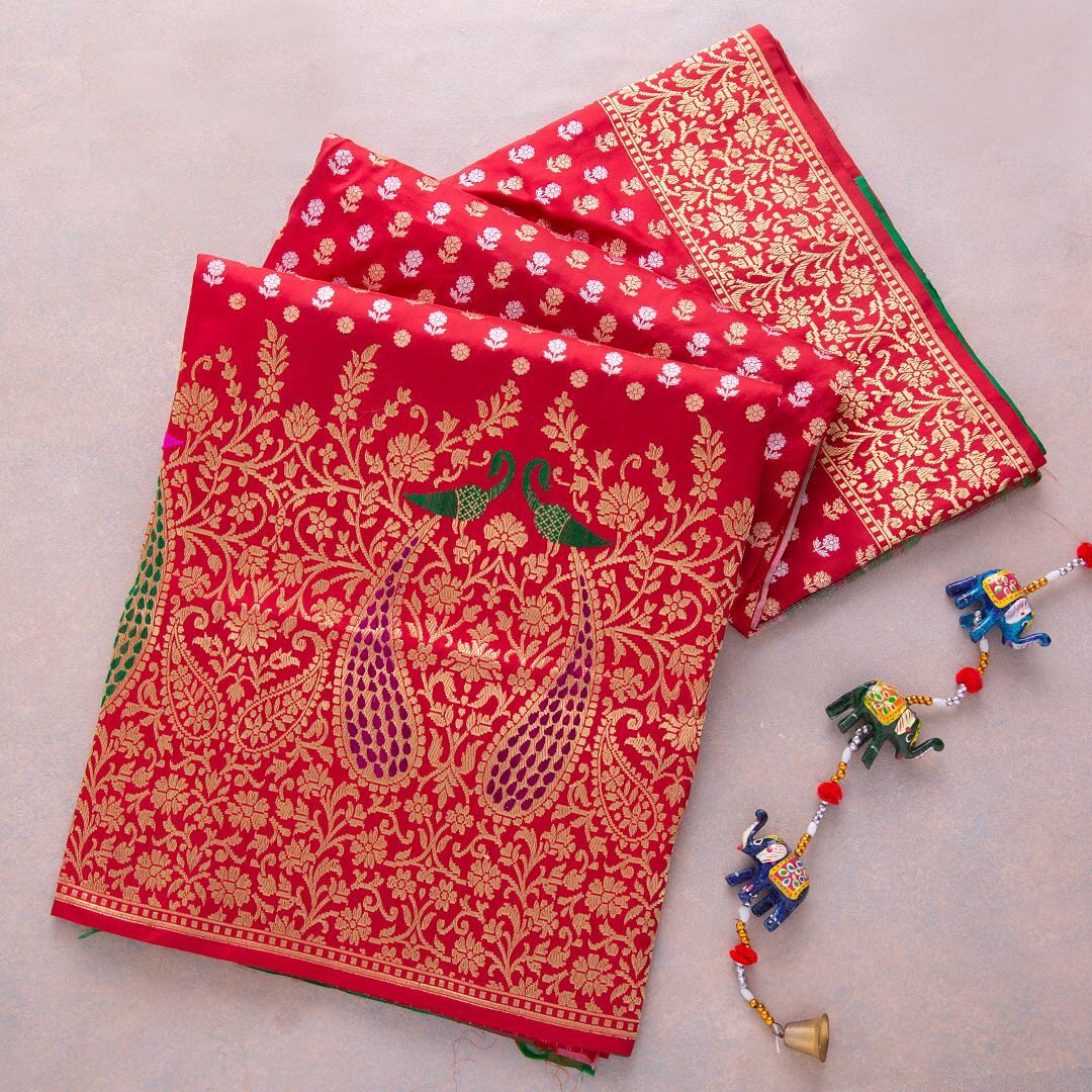 Jazzy Red Soft Banarasi Silk Saree With Demesne Two Blouse Piece