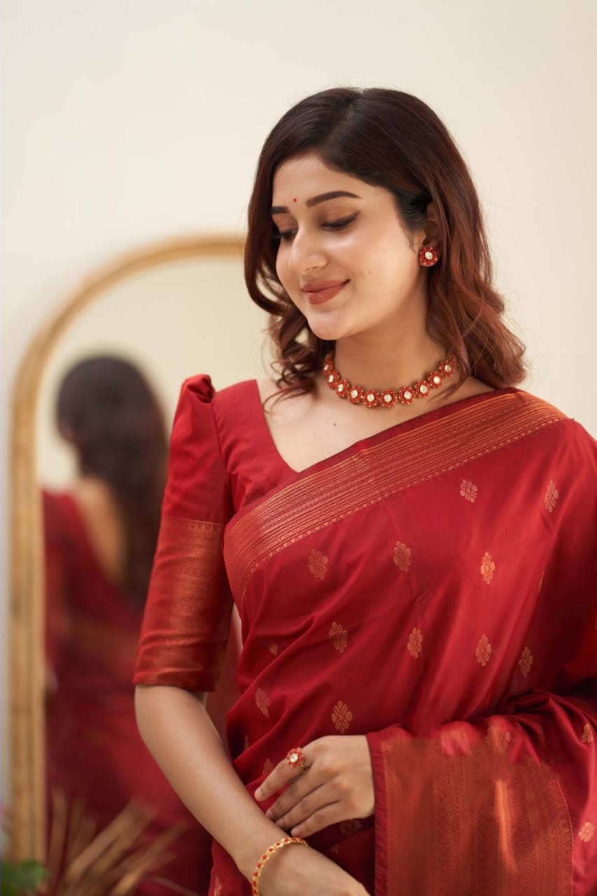 Prominent Red Soft Silk Saree With Mesmeric Blouse Piece