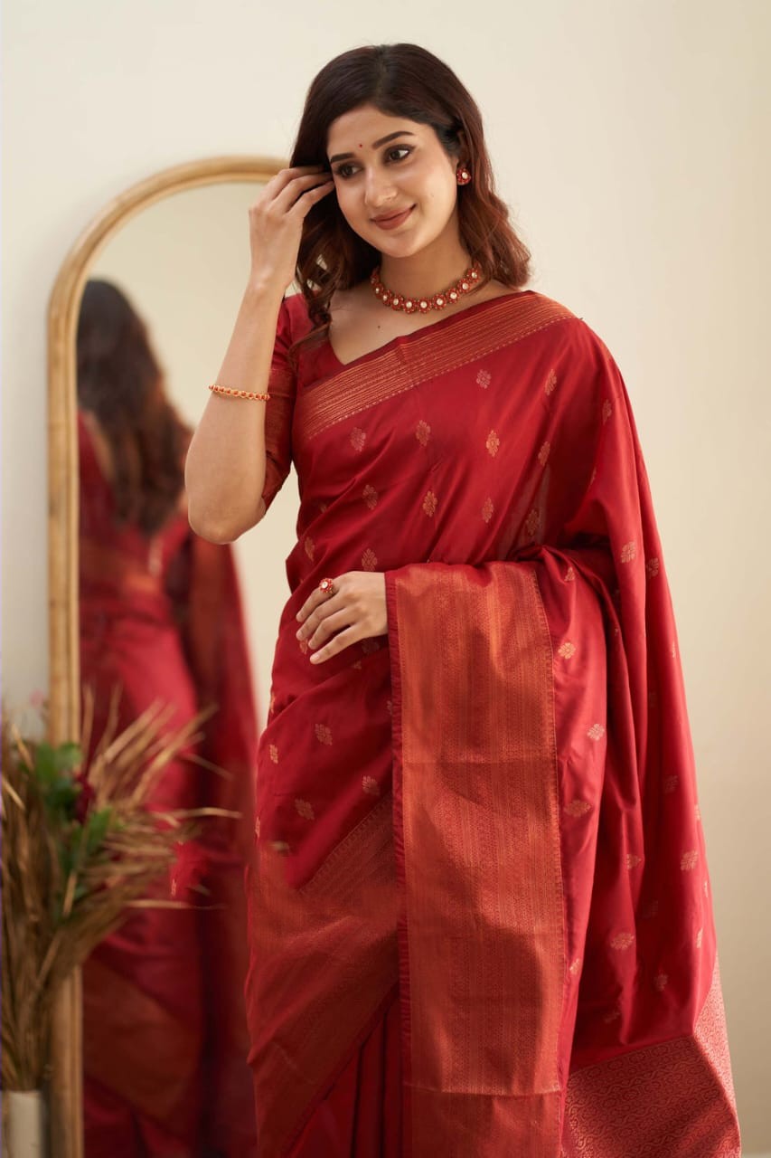 Prominent Red Soft Silk Saree With Mesmeric Blouse Piece