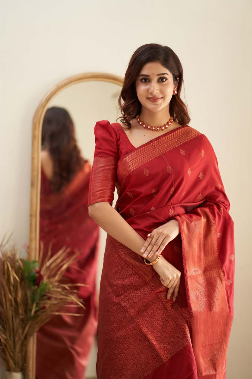 Prominent Red Soft Silk Saree With Mesmeric Blouse Piece