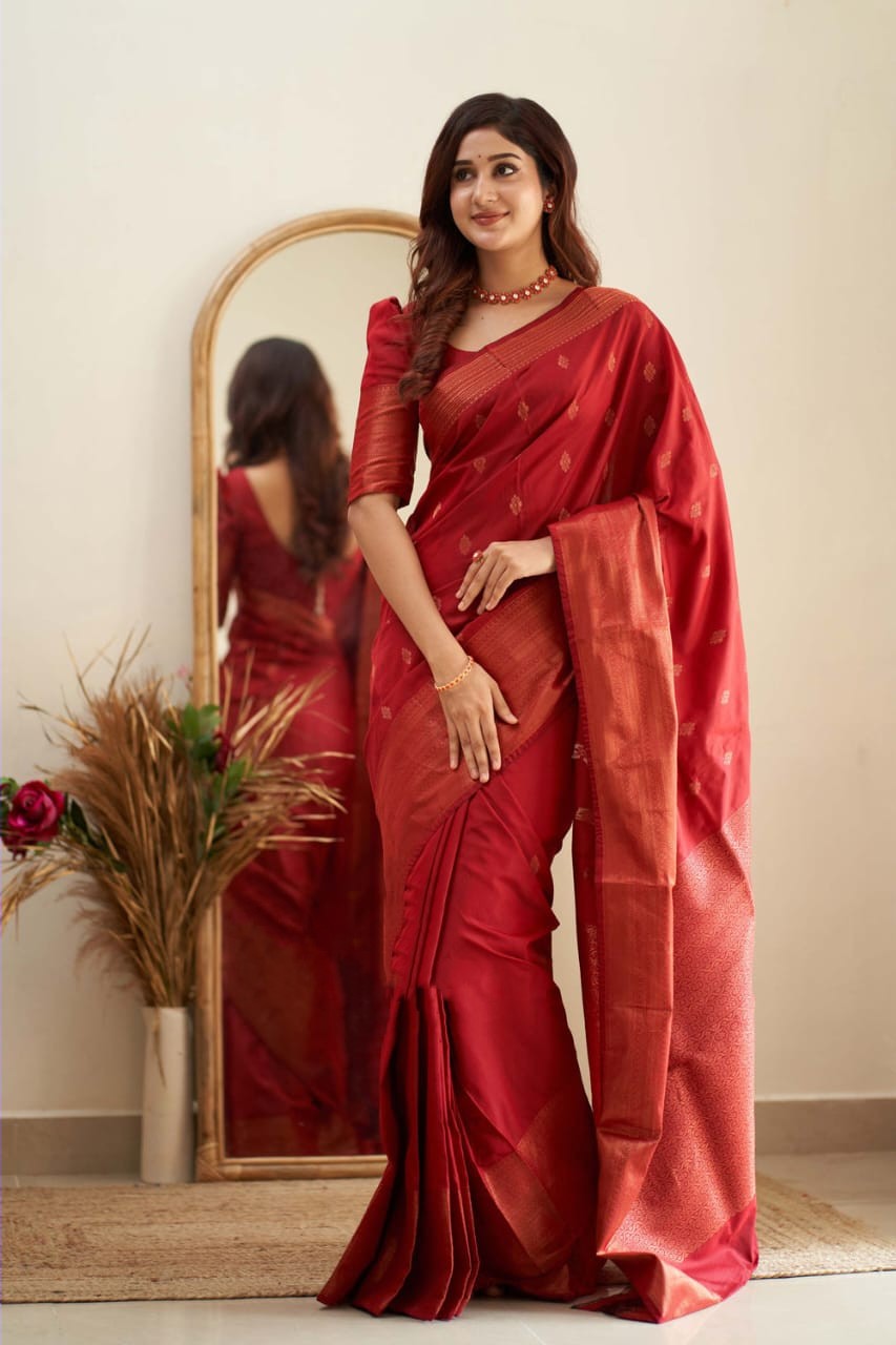 Prominent Red Soft Silk Saree With Mesmeric Blouse Piece