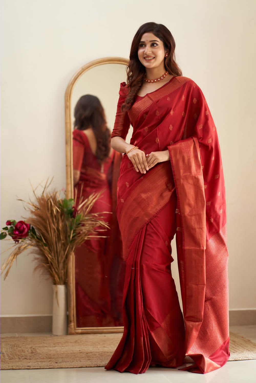 Prominent Red Soft Silk Saree With Mesmeric Blouse Piece