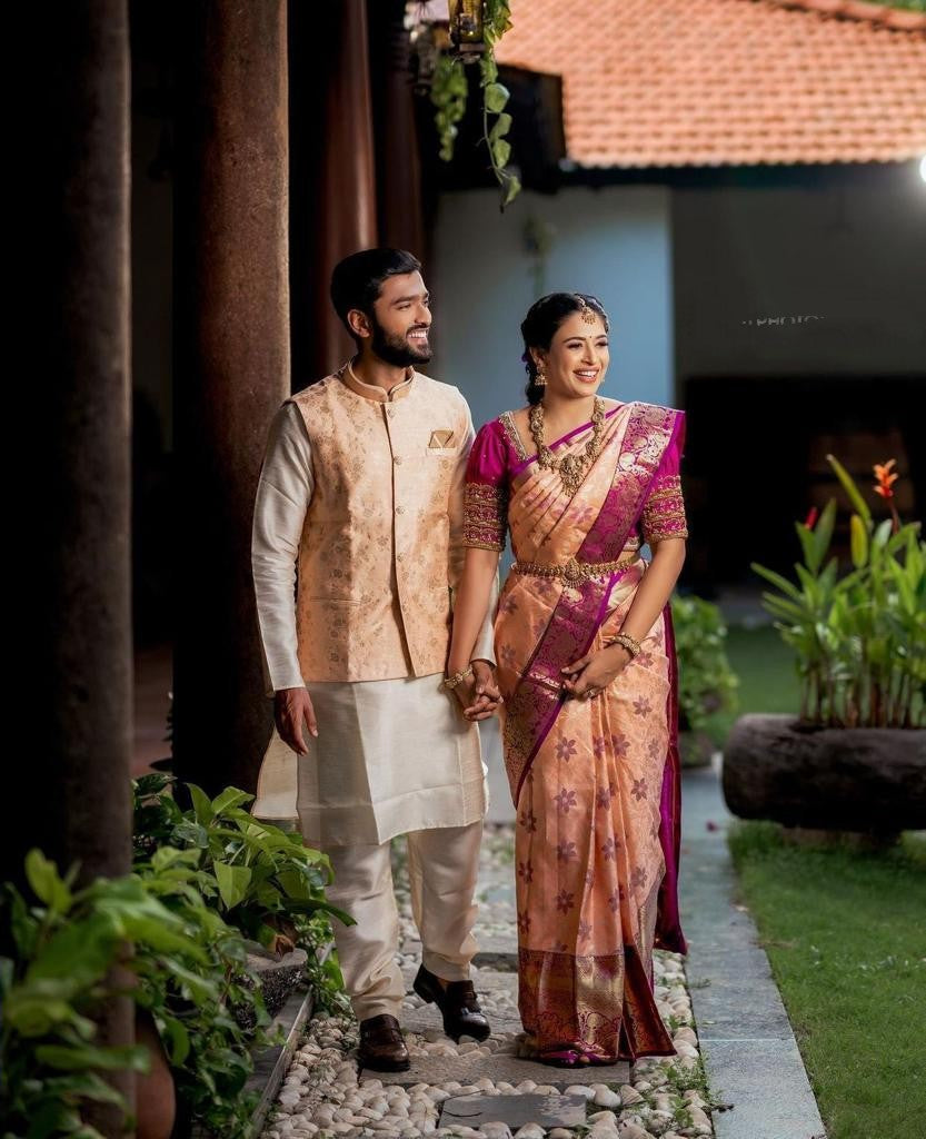 Attractive Peach Soft Banarasi Silk Saree With Lovely Blouse Piece