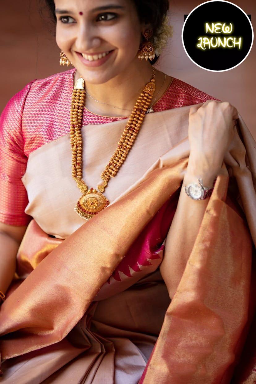 Splendorous Beige Soft Silk Saree With Snazzy Blouse Piece