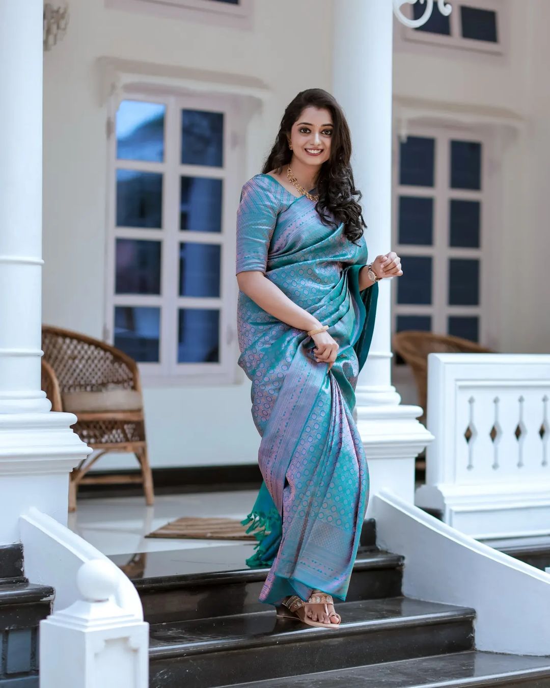 Snazzy Firozi Soft Banarasi Silk Saree with Glittering Blouse Piece