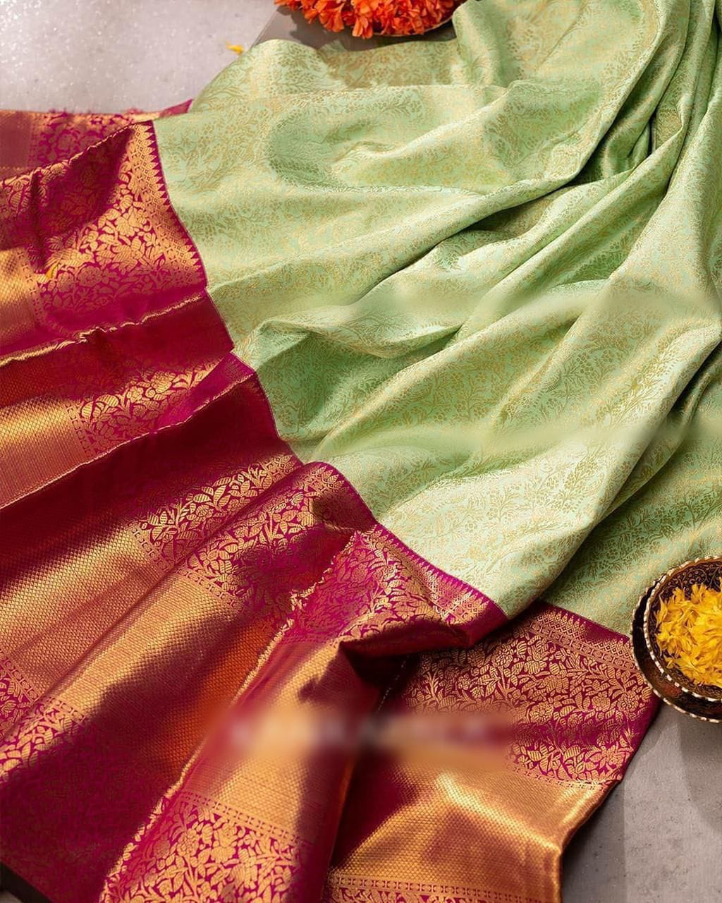 Comely Pista Soft Banarasi Silk Saree With Surpassing Blouse Piece