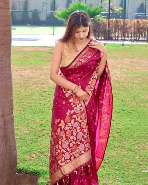 Mellifluous Dark Pink Soft Banarasi Silk Saree With Beleaguer Blouse Piece
