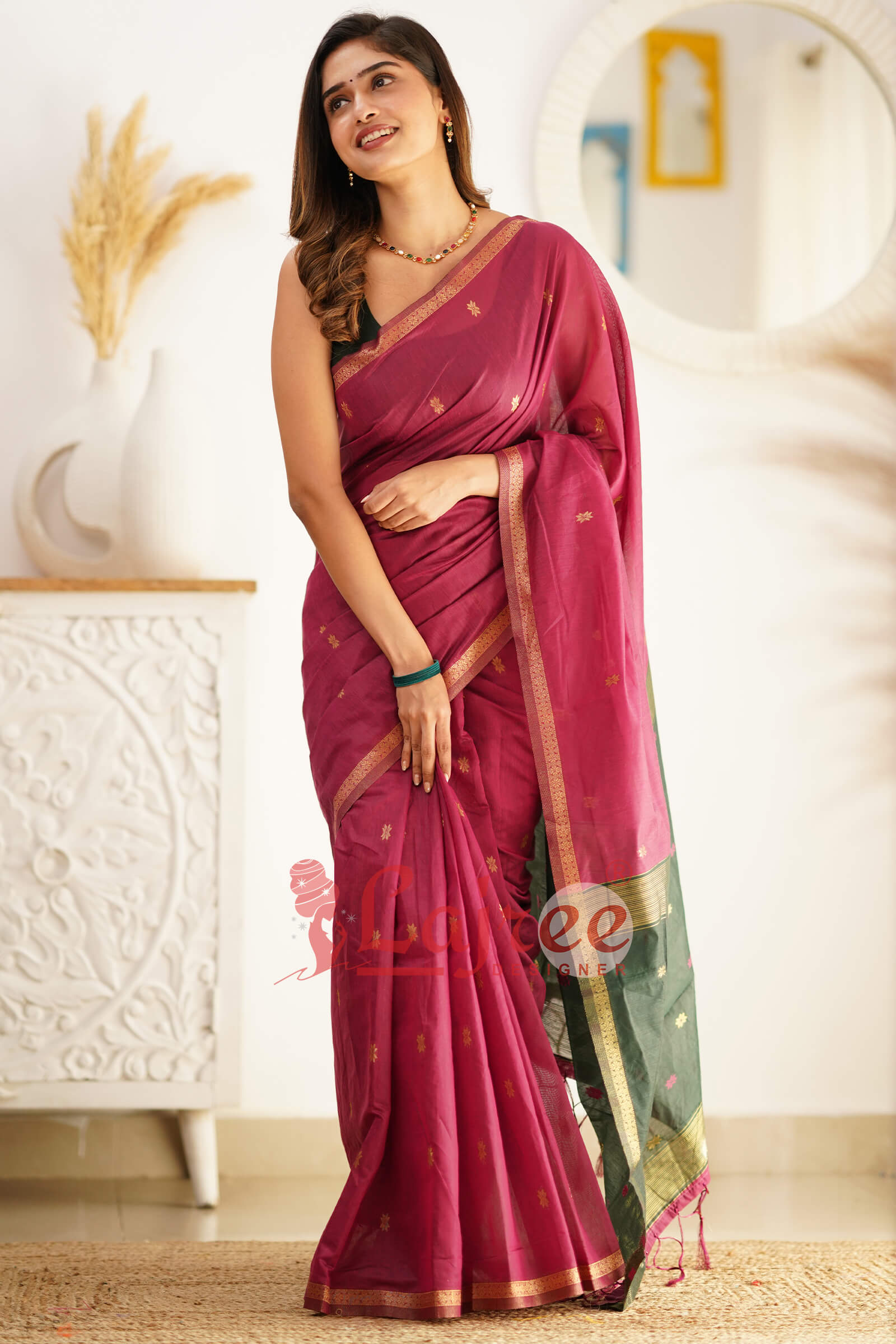 Marvellous  Dark Pink Cotton Silk Saree With Outstanding Blouse Piece