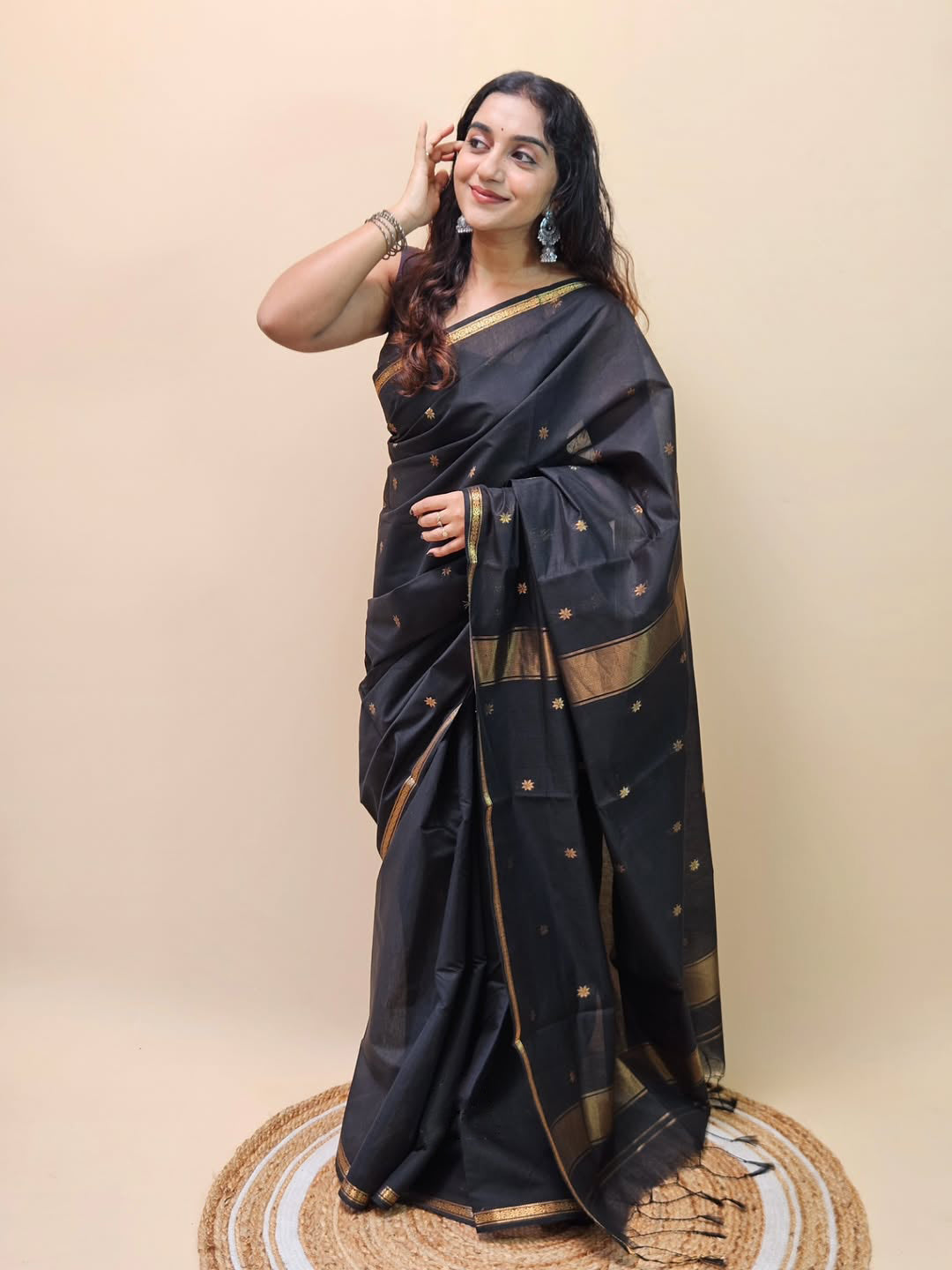 Surpassing Black Cotton Silk Saree With Rhapsody Blouse Piece