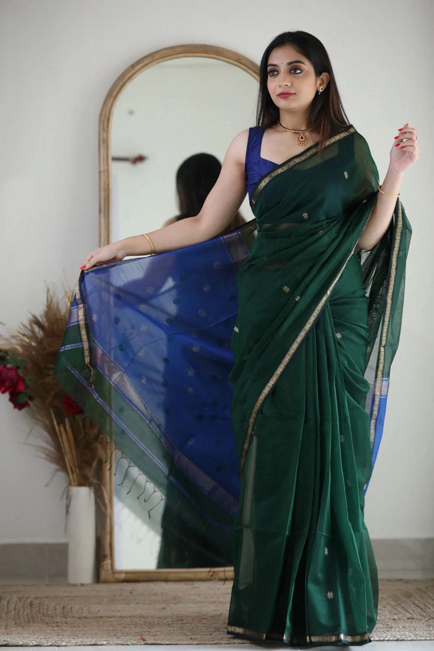 Fragrant Green Cotton Silk Saree With Classy Blouse Piece