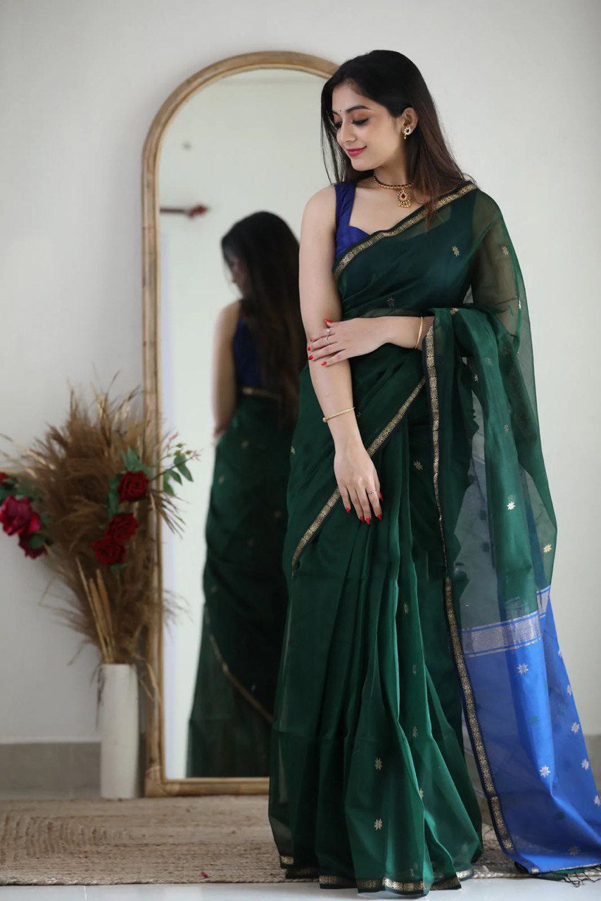 Fragrant Green Cotton Silk Saree With Classy Blouse Piece