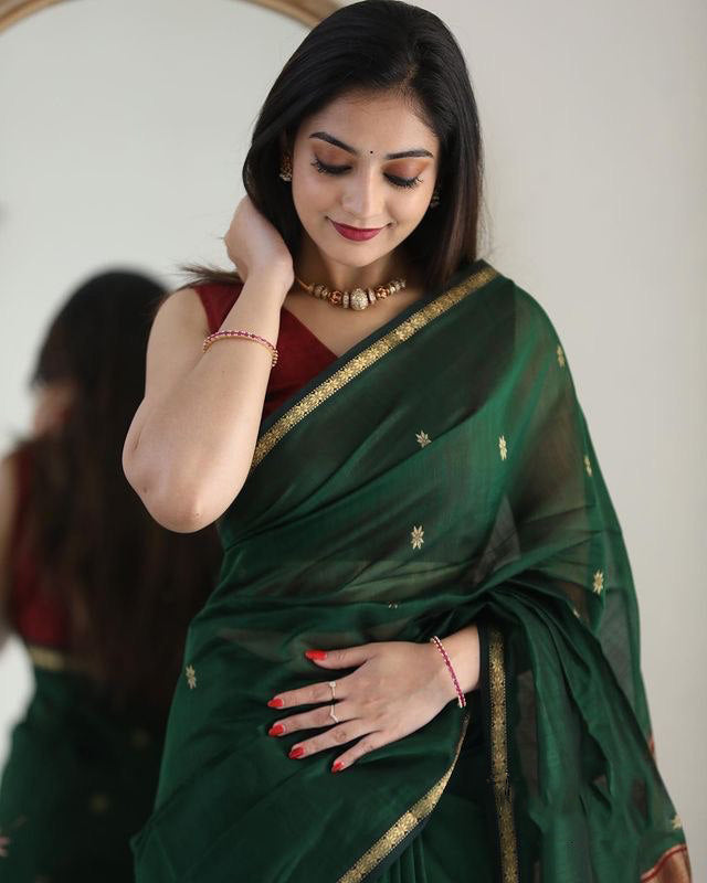 Snazzy Green Cotton Silk Saree With Prodigal Blouse Piece