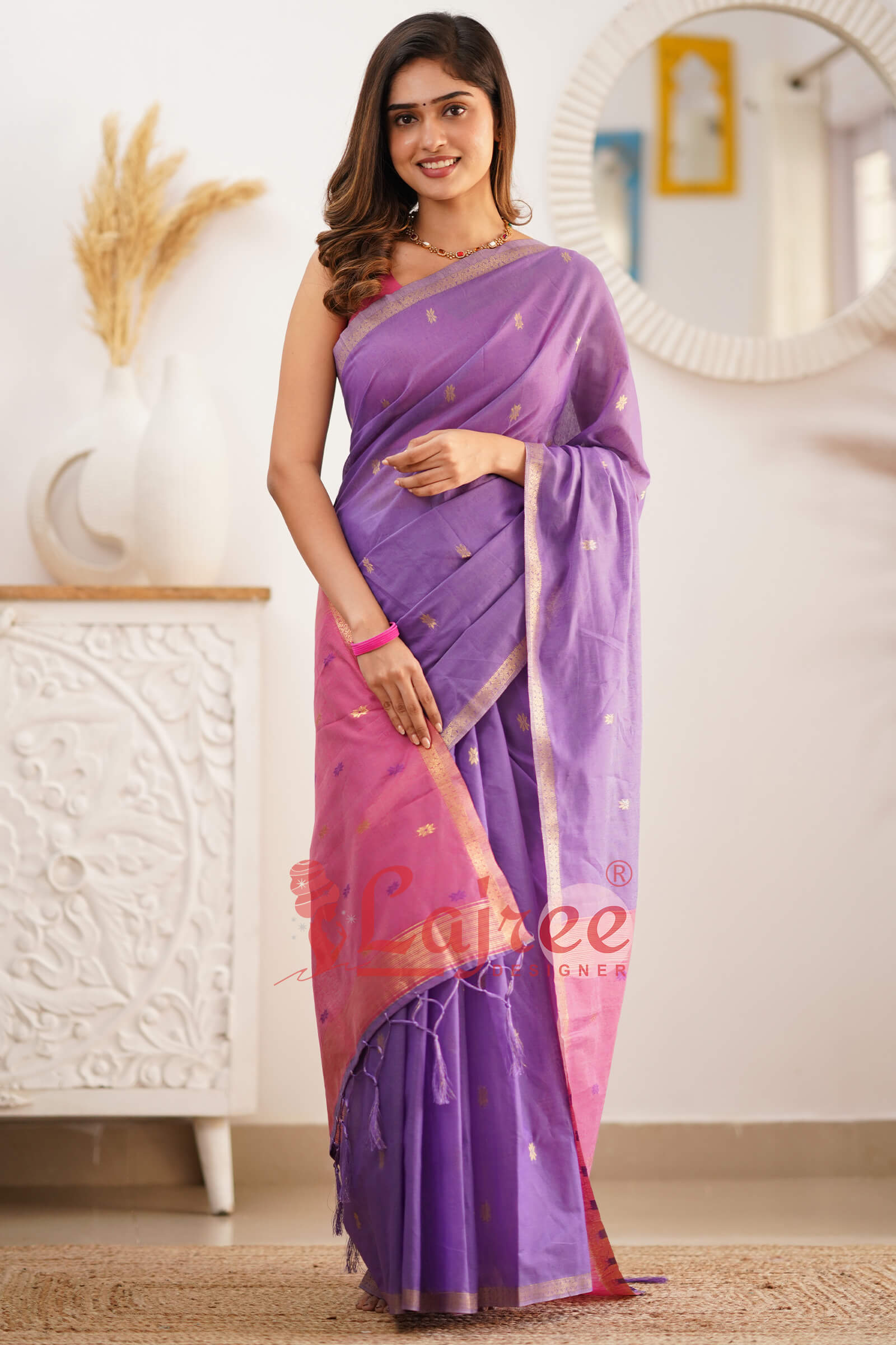 Gorgeous Lavender Cotton Silk Saree With Sizzling Blouse Piece