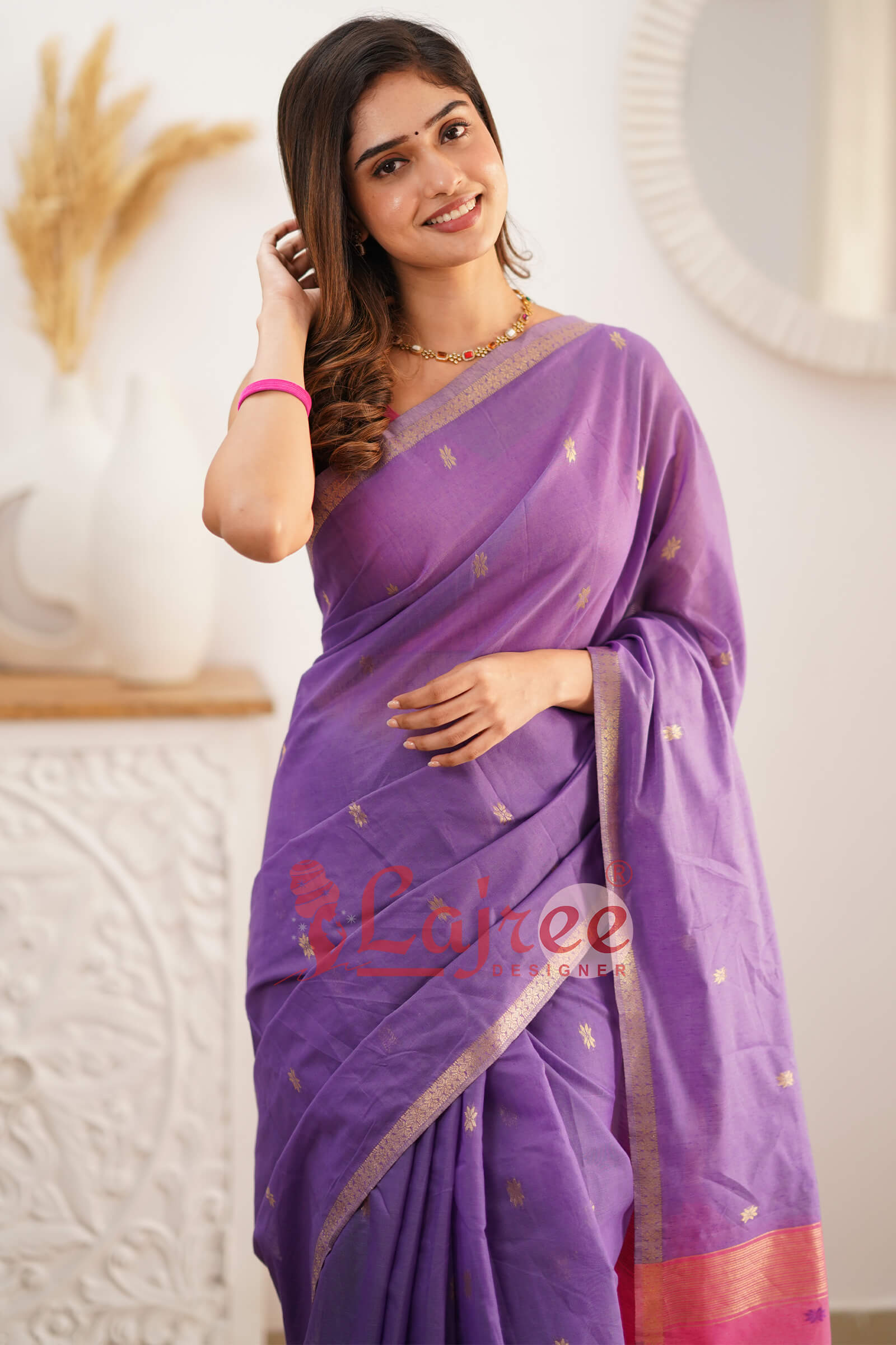 Gorgeous Lavender Cotton Silk Saree With Sizzling Blouse Piece