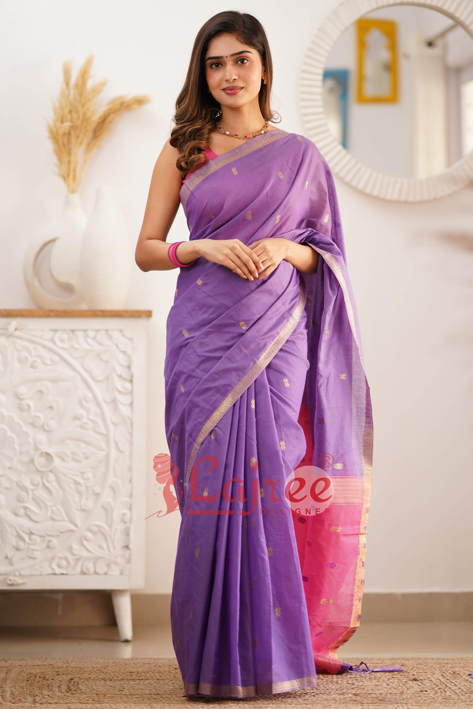Gorgeous Lavender Cotton Silk Saree With Sizzling Blouse Piece