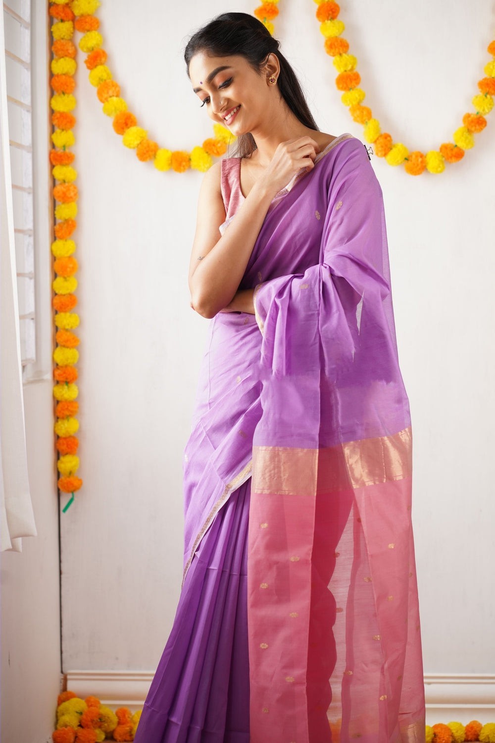 Improbable Lavendor Cotton Silk Saree With Nemesis Blouse Piece
