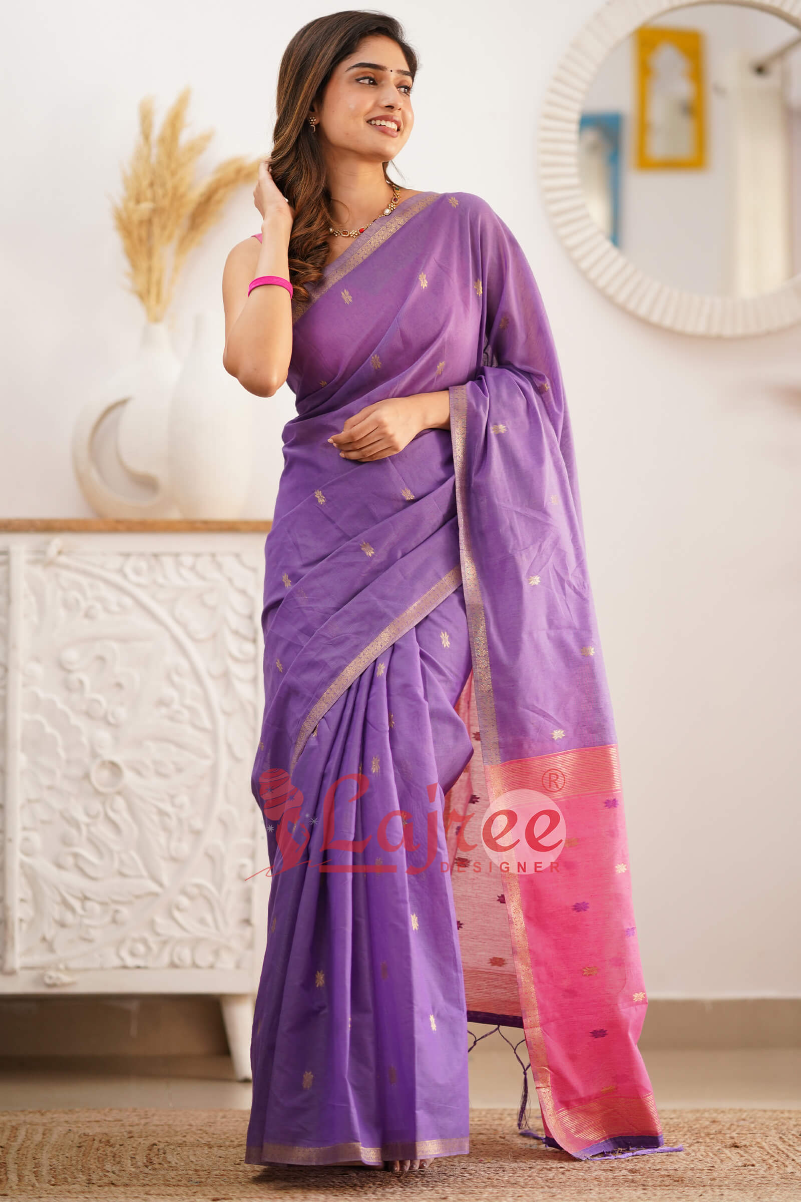 Gorgeous Lavender Cotton Silk Saree With Sizzling Blouse Piece