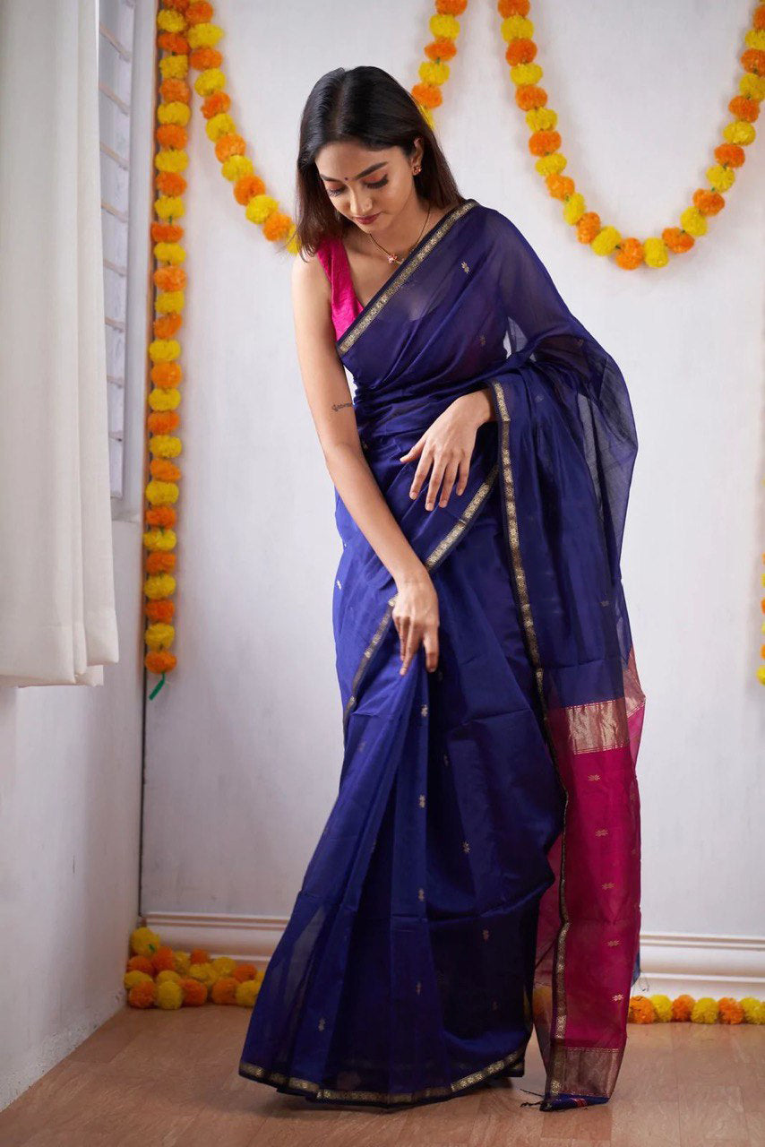 Woebegone Navy Blue Cotton Silk Saree With Mesmerising Blouse Piece