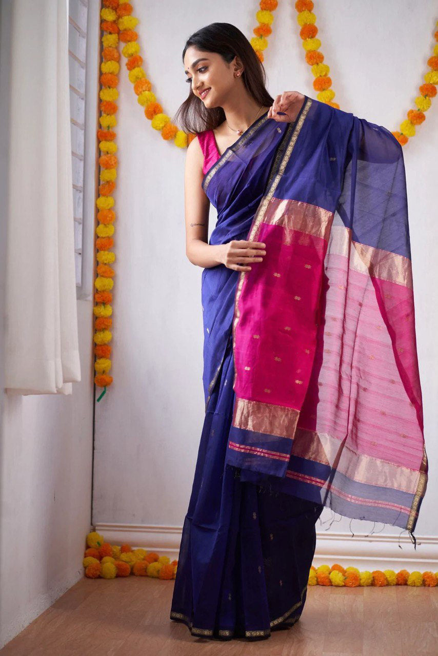 Woebegone Navy Blue Cotton Silk Saree With Mesmerising Blouse Piece