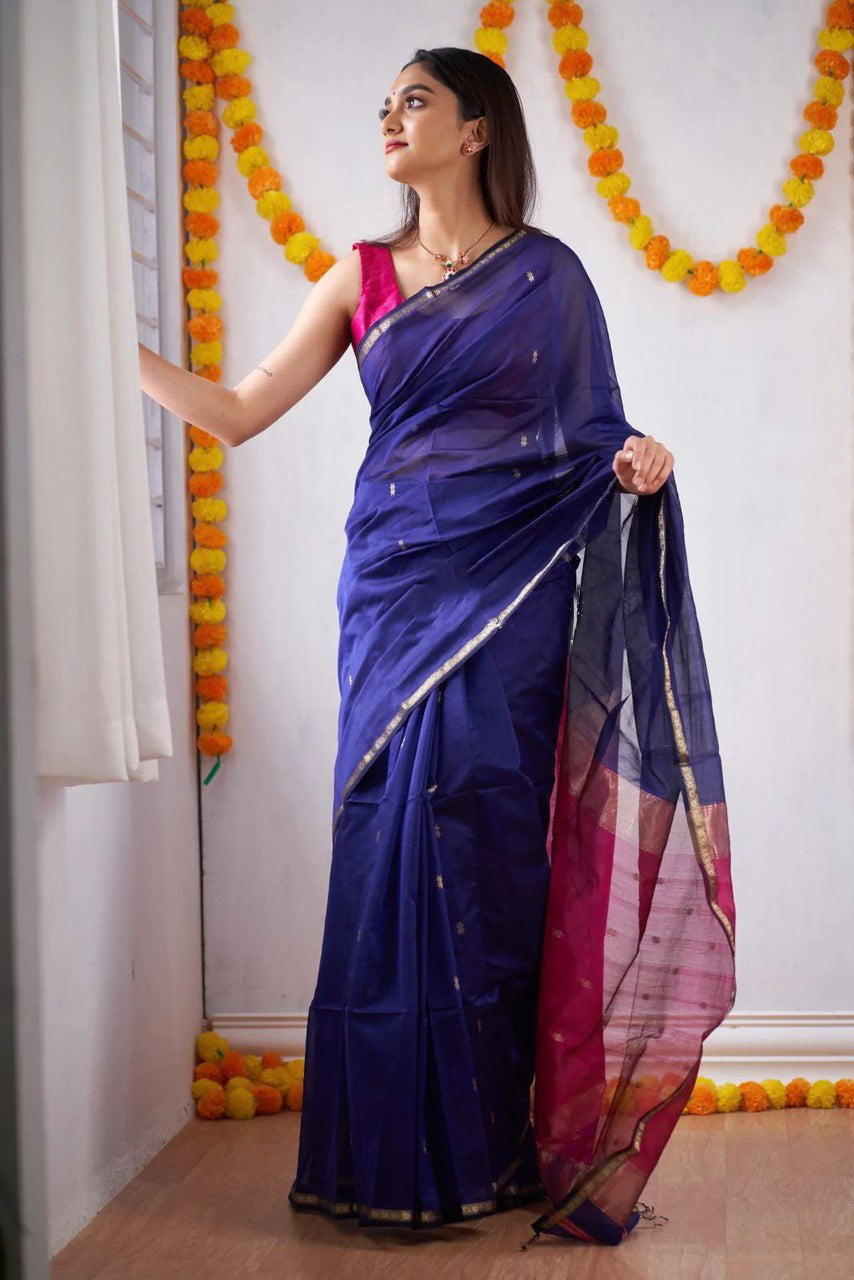 Woebegone Navy Blue Cotton Silk Saree With Mesmerising Blouse Piece