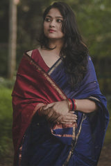Exquisite Navy Blue Cotton Silk Saree With Ailurophile Blouse Piece