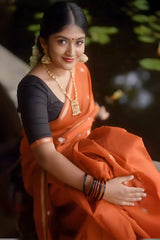 Glorious Orange Cotton Silk Saree With Entrancing Blouse Piece