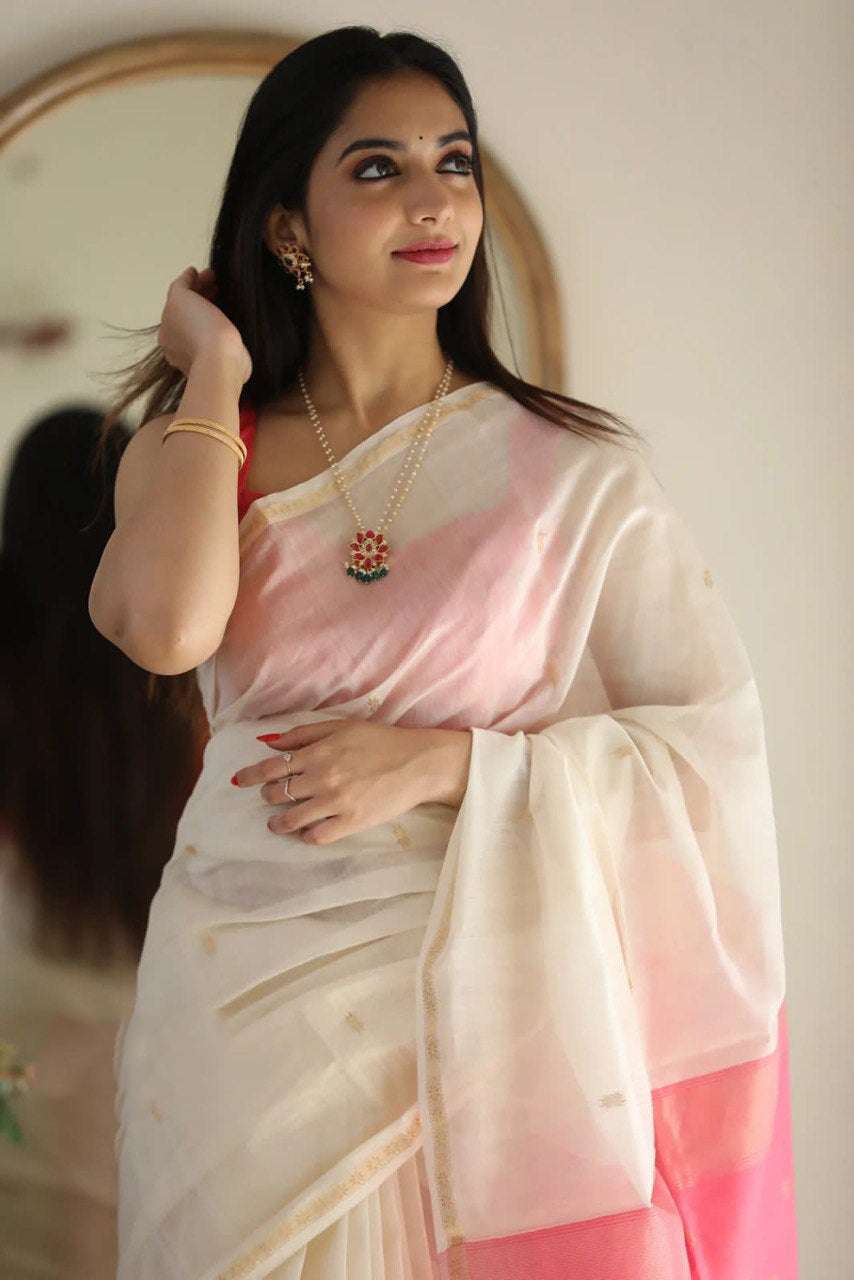 Quintessential White Cotton Silk Saree With Deserving Blouse Piece