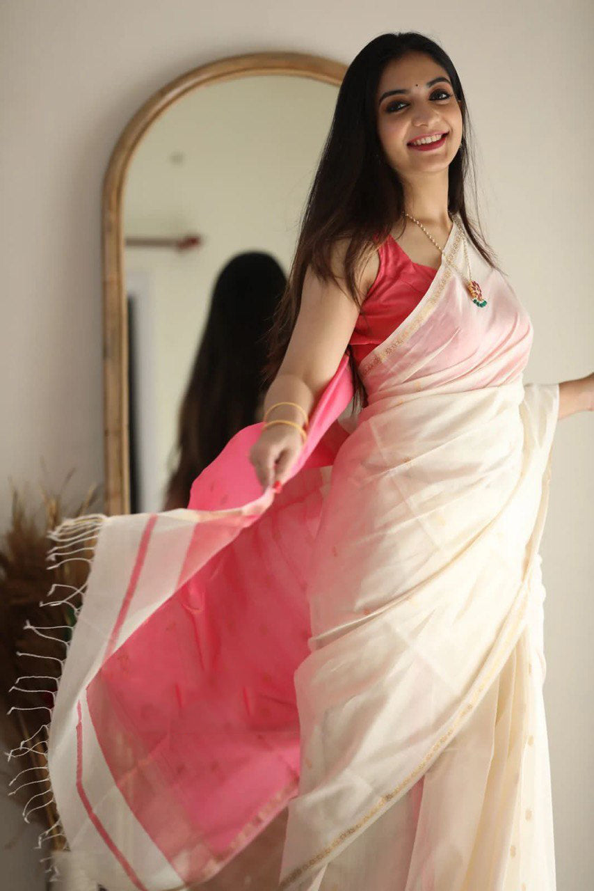 Quintessential White Cotton Silk Saree With Deserving Blouse Piece