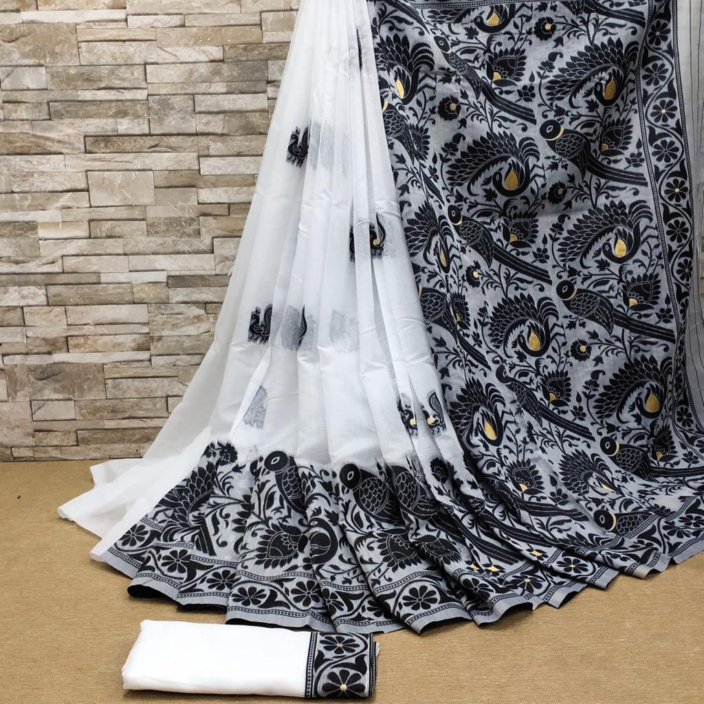 Surreptitious White Cotton Silk Saree With Vestigial Blouse Piece