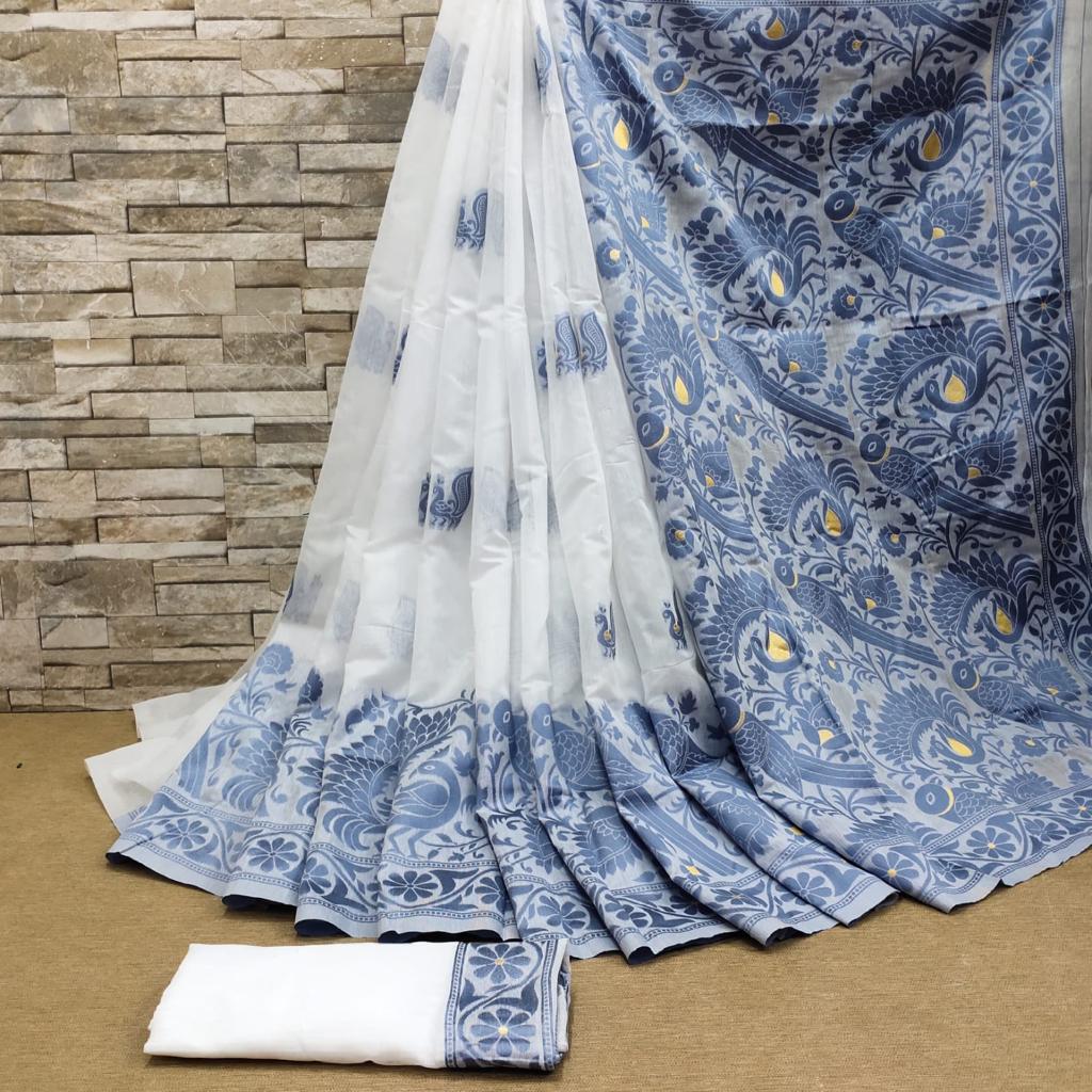 Profuse White Cotton Silk Saree With Palimpsest Blouse Piece