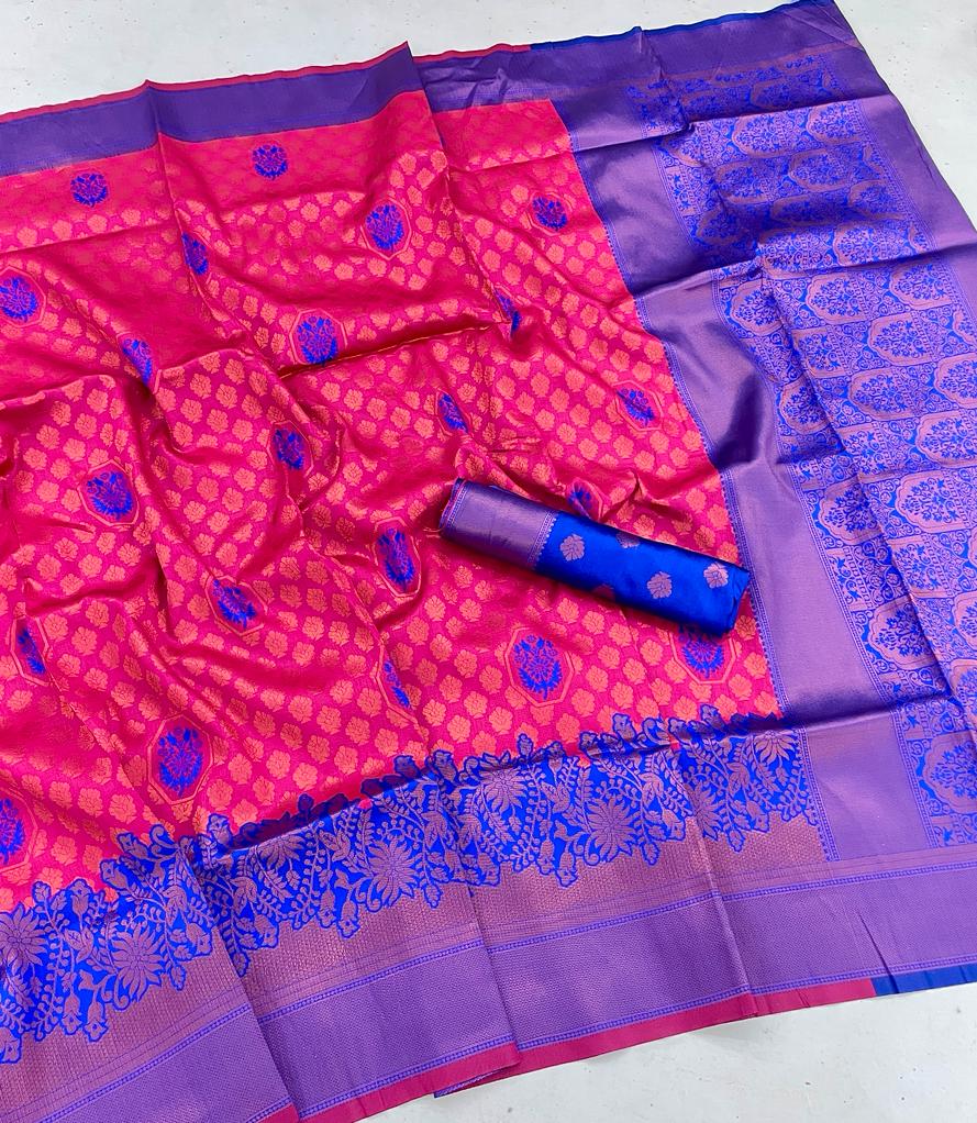 Ephemeral Dark Pink Soft Banarasi Silk Saree With Fairytale Blouse Piece