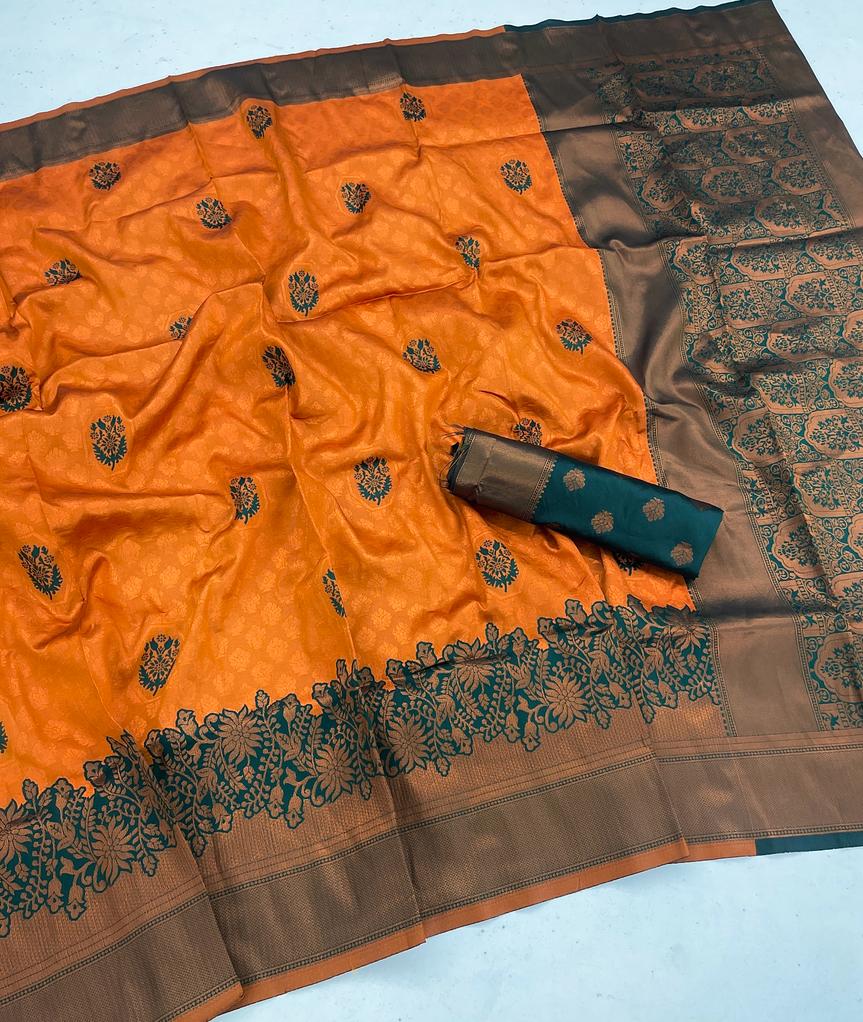 Ratatouille Orange Soft Banarasi Silk Saree With Surpassing Blouse Piece