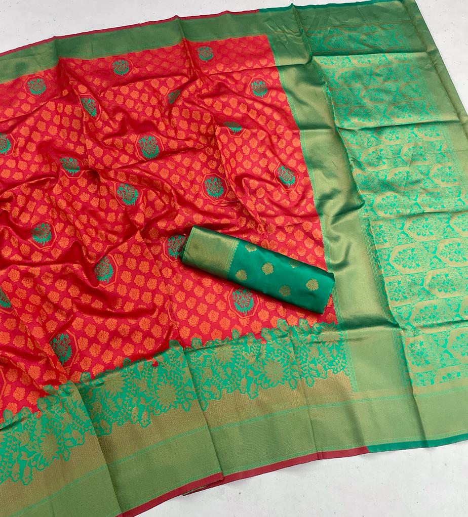 Confounding Red Soft Banarasi Silk Saree With Staring Blouse Piece