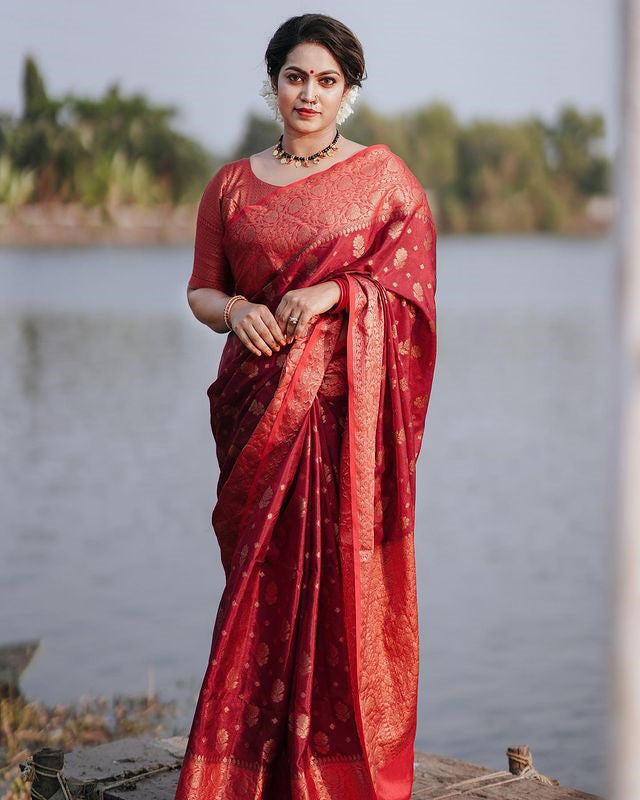 Majesty Red Soft Silk Saree With Elision Blouse Piece