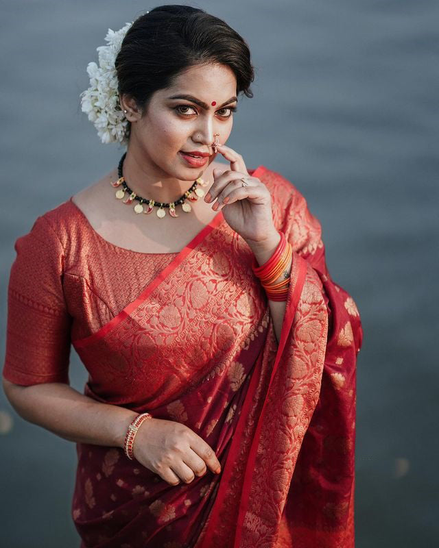 Majesty Red Soft Silk Saree With Elision Blouse Piece