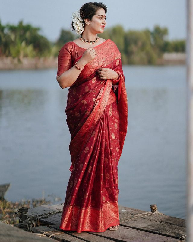 Majesty Red Soft Silk Saree With Elision Blouse Piece